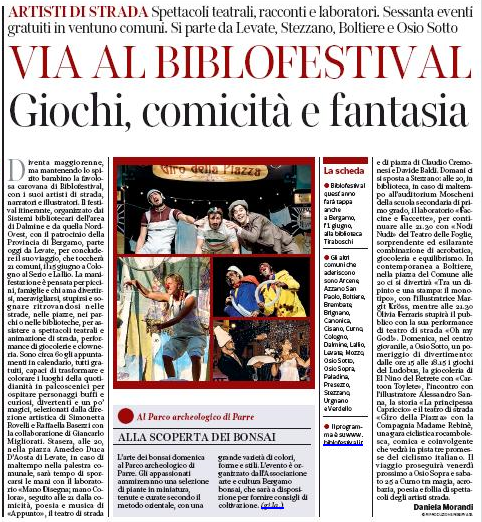 Corriere della Sera - Bergamo - 17 maggio 2019 - Biblofestival