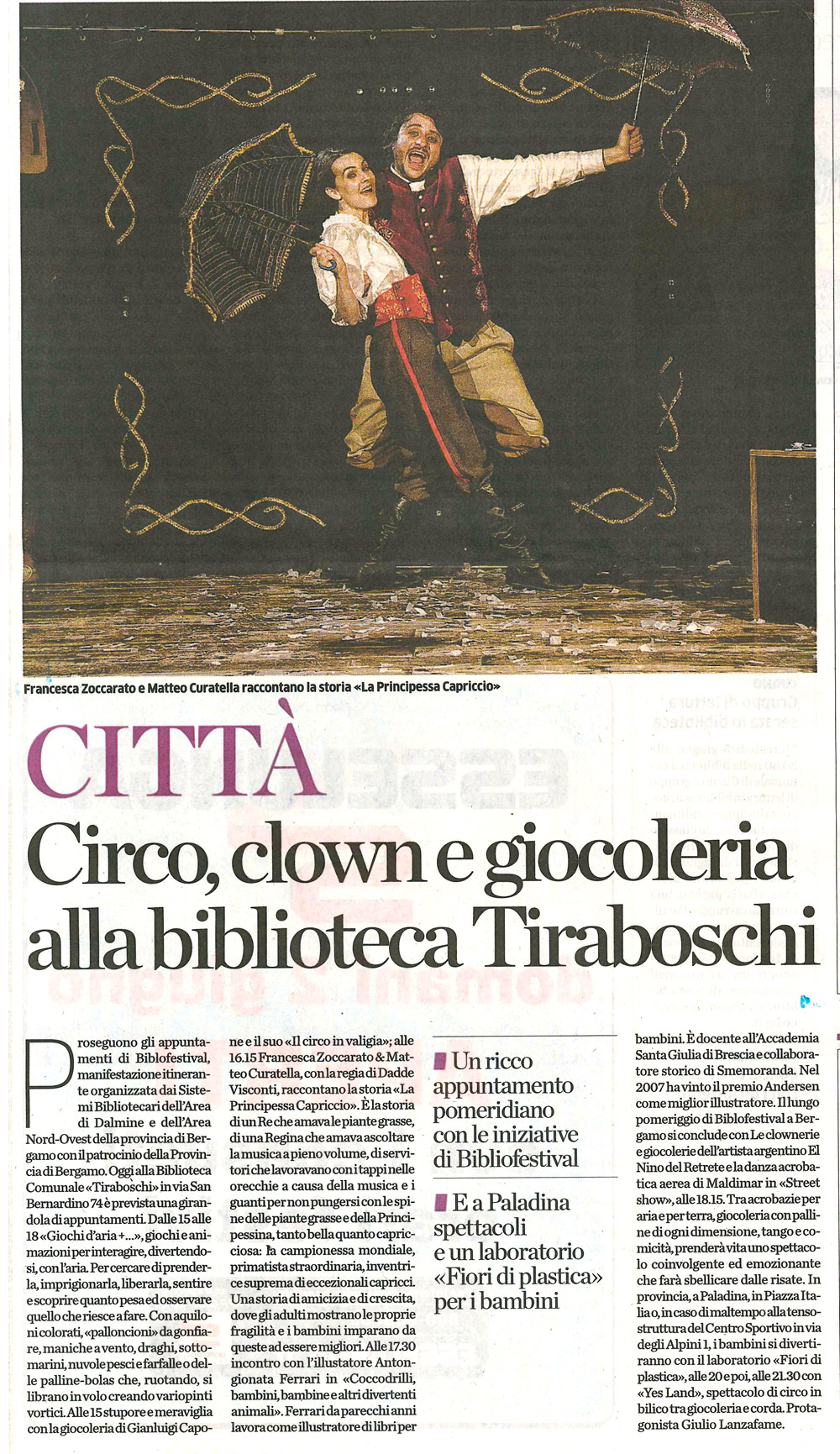 Eco di Bergamo 2 giugno - clown e giocoleria alla biblioteca Tiraboschi